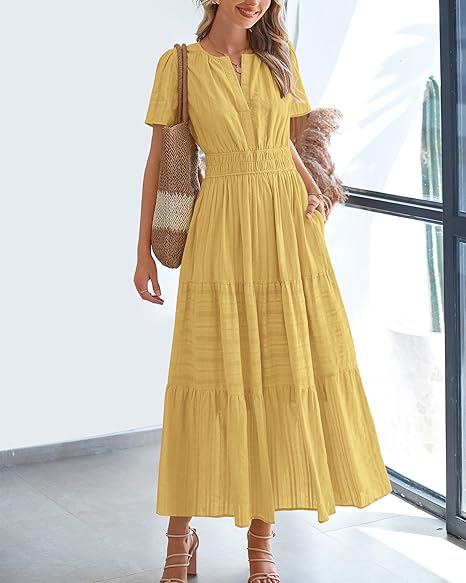 BTFBM Womens Summer 2025 Casual Midi Maxi Dresses Lightweight Short Sleeve V Neck Elastic Waist Boho Beach Dress Pockets