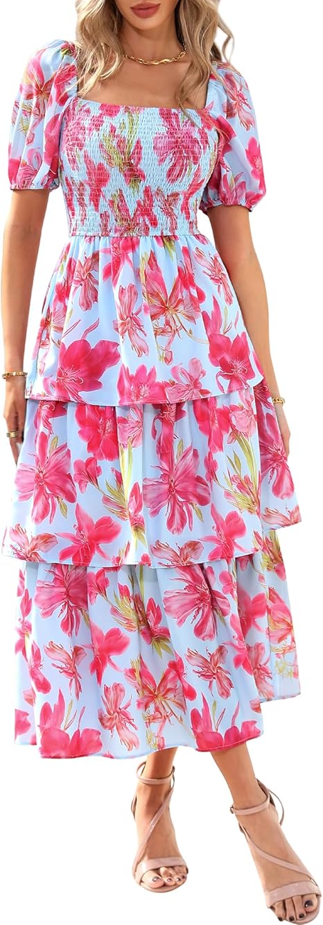 BTFBM Womens Square Neck Smocked Dress Summer Puff Short Sleeve Floral Casual Ruffle Tiered Maxi Wedding Guest Dresses