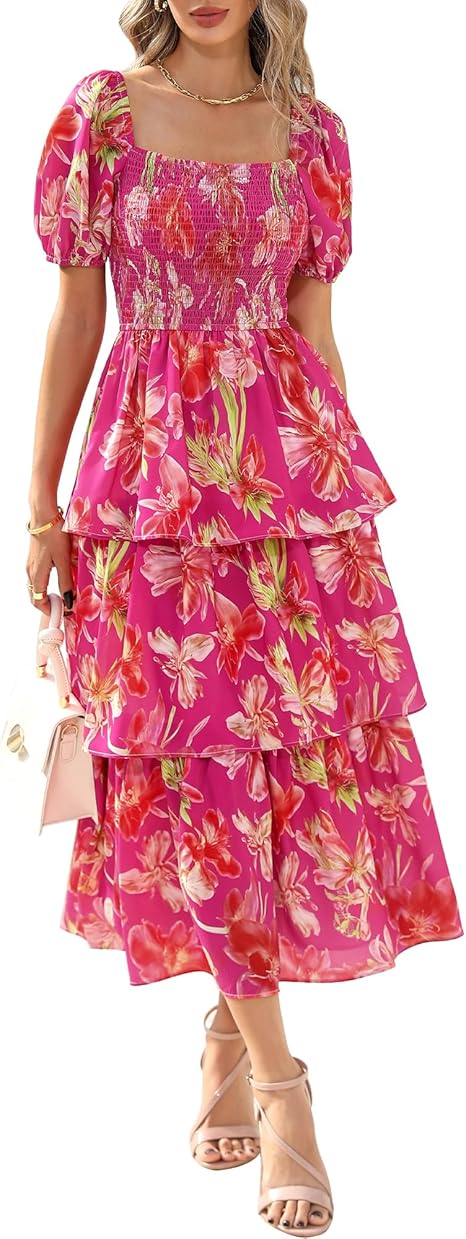 BTFBM Womens Square Neck Smocked Dress Summer Puff Short Sleeve Floral Casual Ruffle Tiered Maxi Wedding Guest Dresses