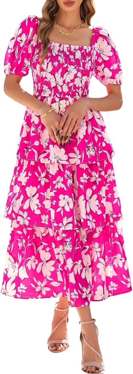 BTFBM Womens Square Neck Smocked Dress Summer Puff Short Sleeve Floral Casual Ruffle Tiered Maxi Wedding Guest Dresses