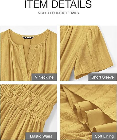 BTFBM Womens Summer 2025 Casual Midi Maxi Dresses Lightweight Short Sleeve V Neck Elastic Waist Boho Beach Dress Pockets